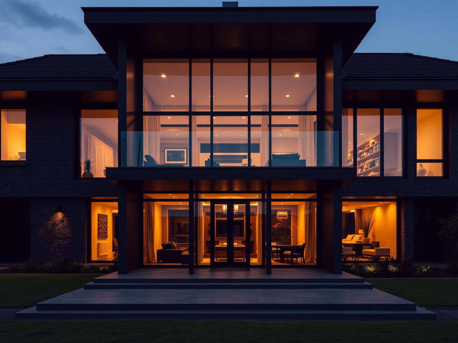 Villa exterior at dusk — design possibilities — illustrative visual example of modern villa construction standards, not a completed MARCVEX project