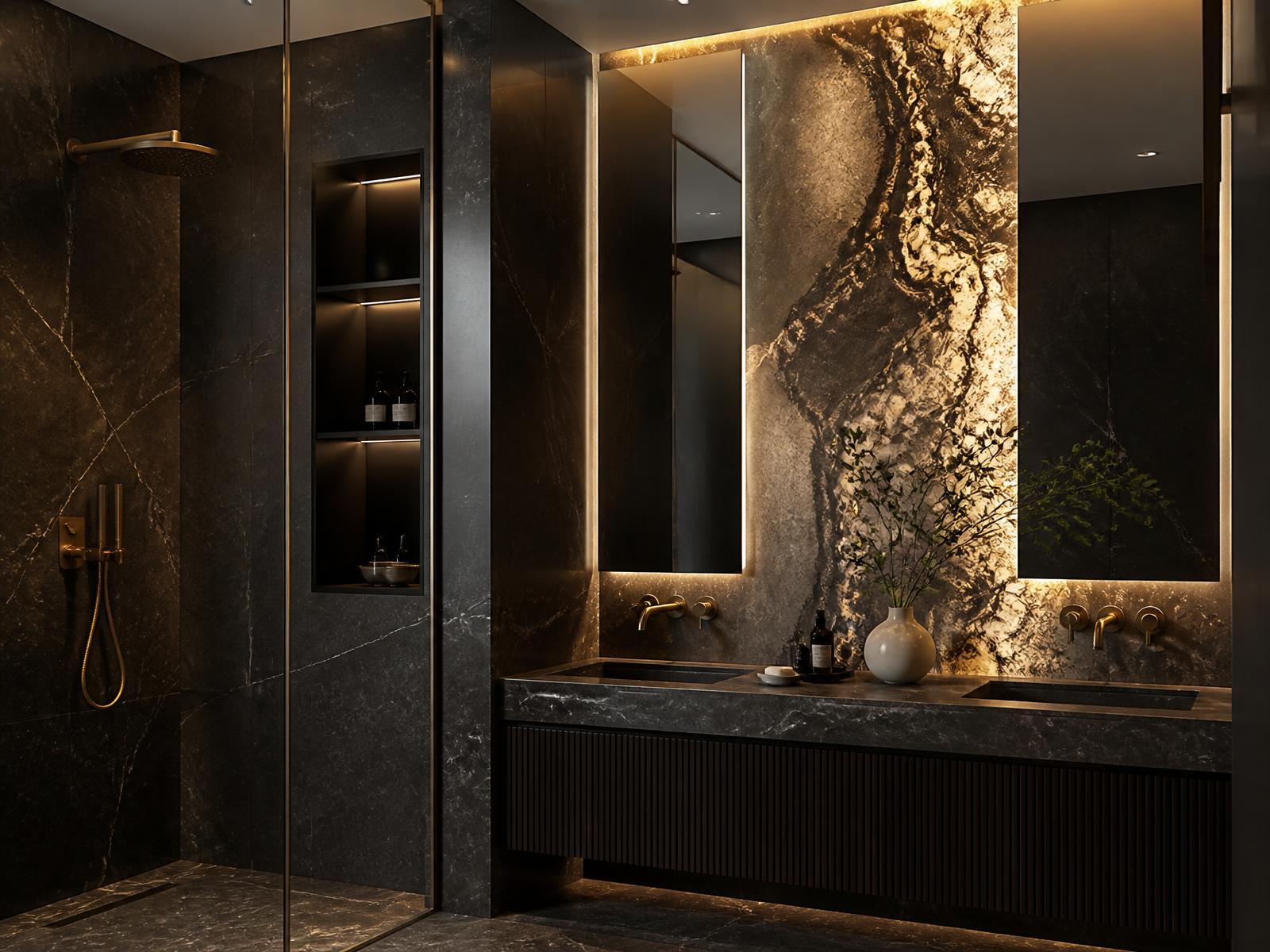 Dark marble bathroom with brass fittings — design possibilities — illustrative visual example of renovation standards, not a completed MARCVEX project