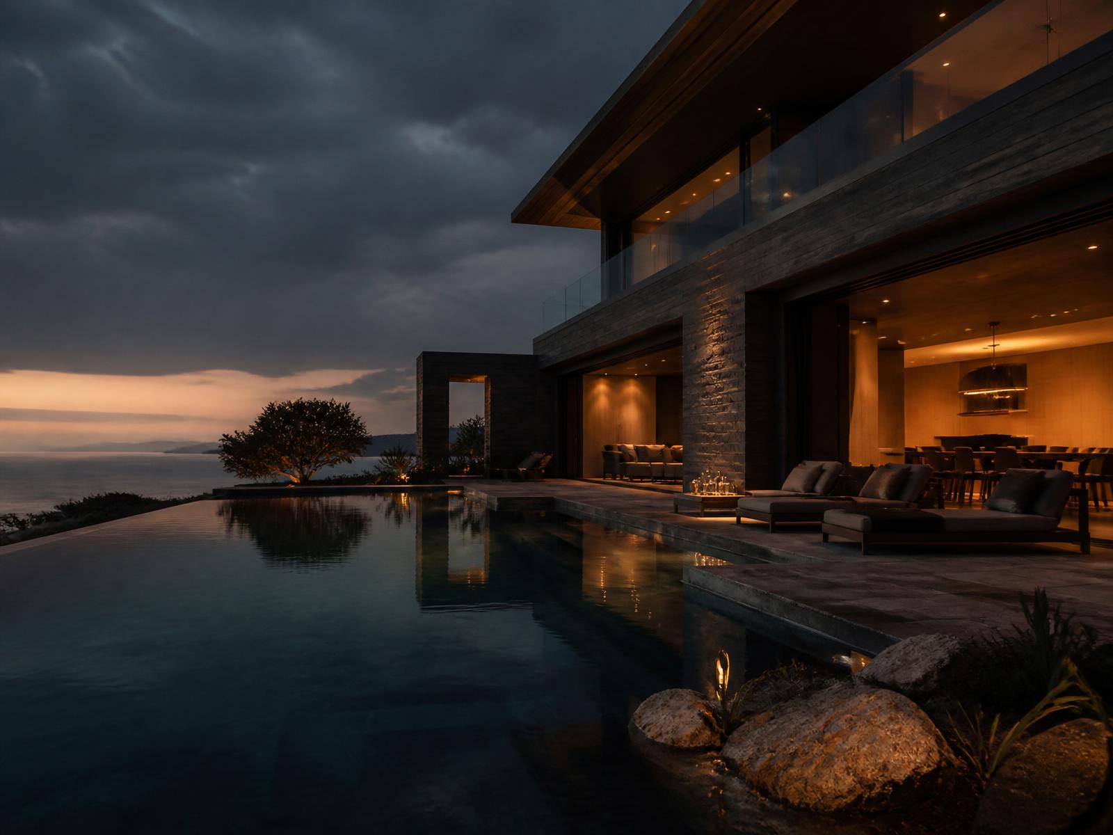 Contemporary villa exterior at dusk — project inspiration — illustrative visual example of extensions & alterations standards, not a completed MARCVEX project